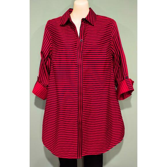 Chico's Tab Sleeve Striped Tunic with Hidden Buttons, Red/Black‎ Sz 0 (4) NWOT - Picture 2 of 8